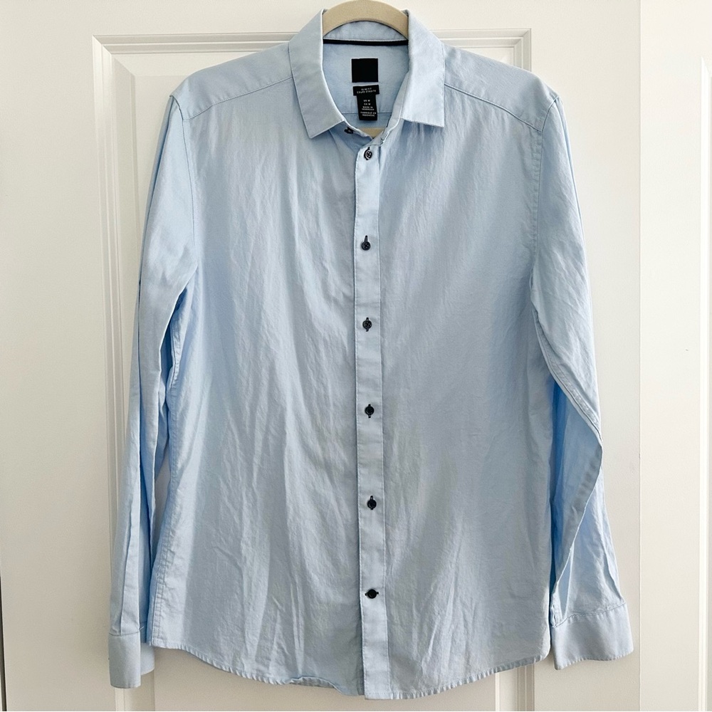 Slim Fit Blue Long Sleeve Button Down Dress Shirt - Office / Business Casual